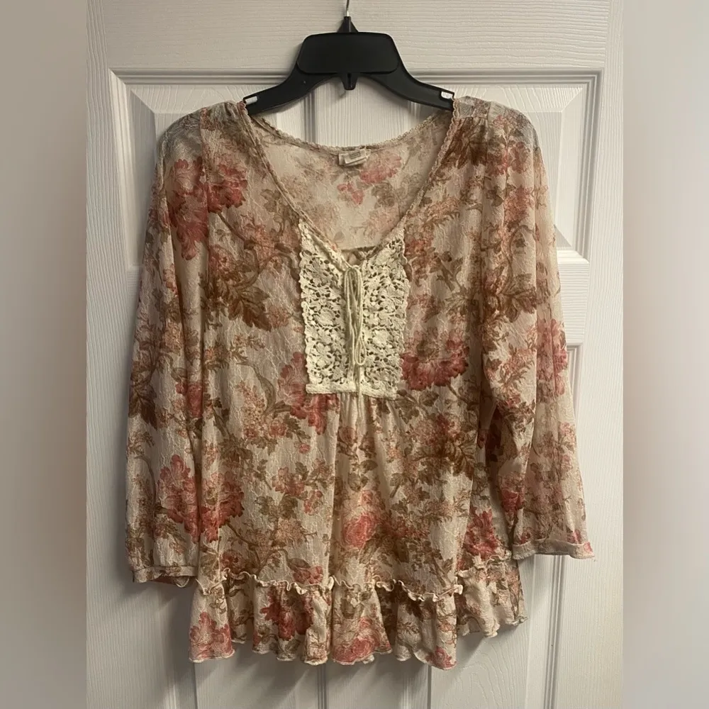Denim & Supply Ralph Lauren Boho Floral Sheer Blouse W/ Ruffle Size Large - Image 2