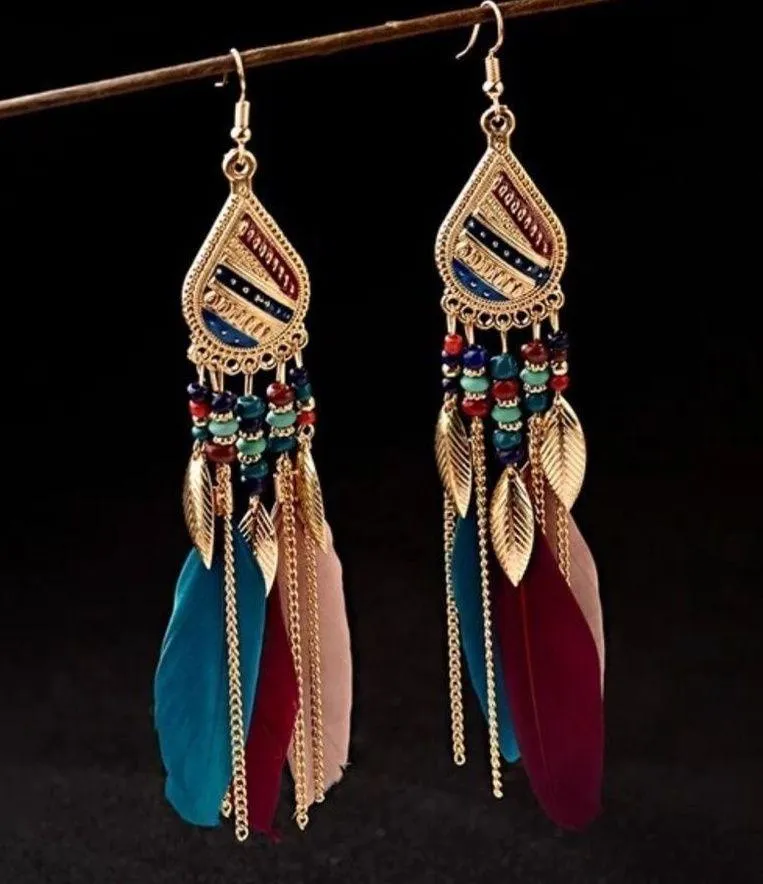 Long Bohemian Feather Chain Earrings Gold - Image 14