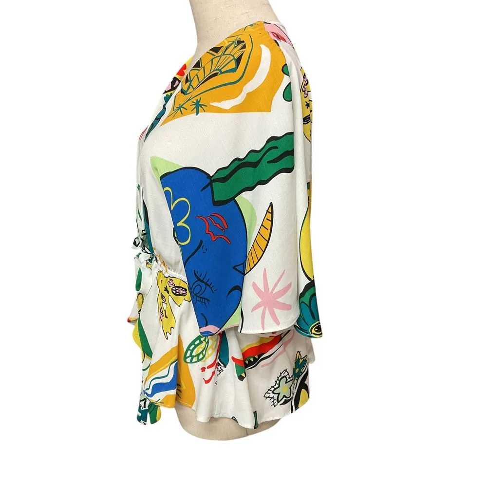 Sweet Rain Women's Abstract Print Wrap Blouse S‎ White Kimono Sleeve Summer - Image 3