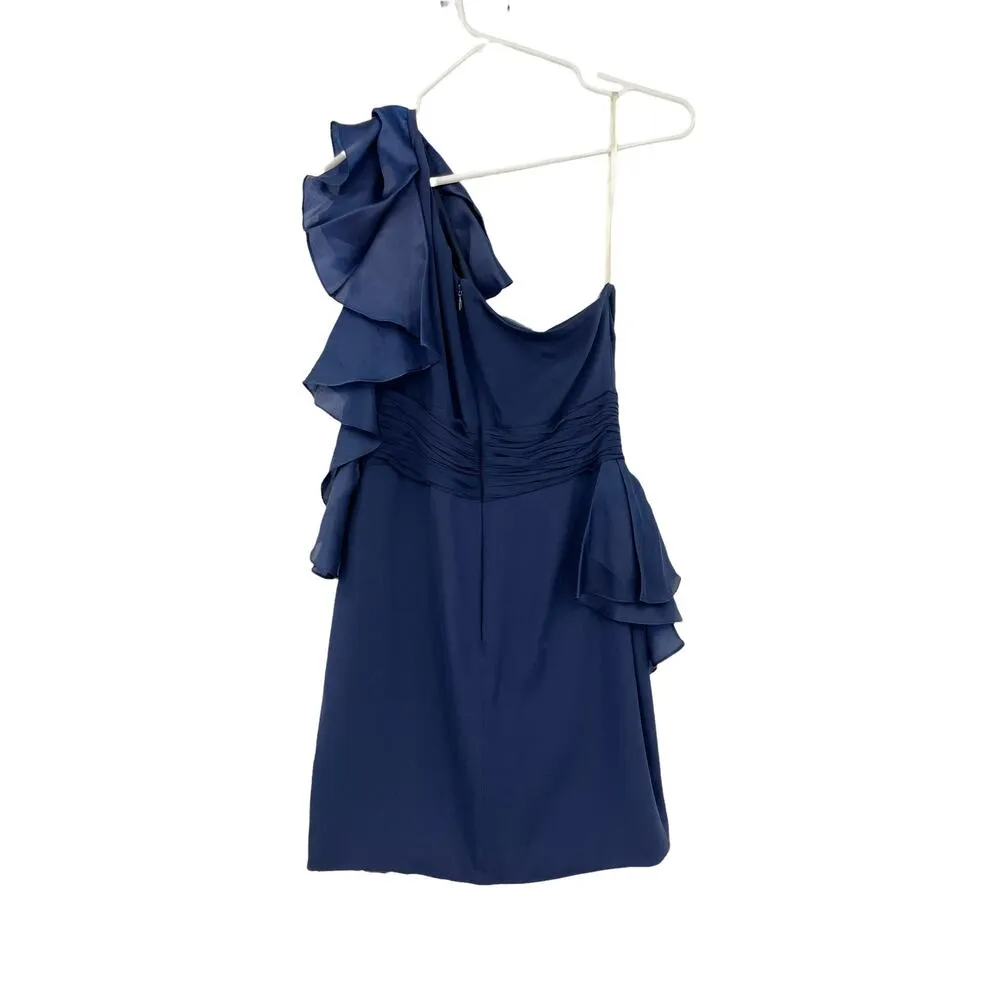 Marchesa Notte Dress Womens 4 One Shoulder Mini Navy Silk Cascading Ruffle Blue - Image 2