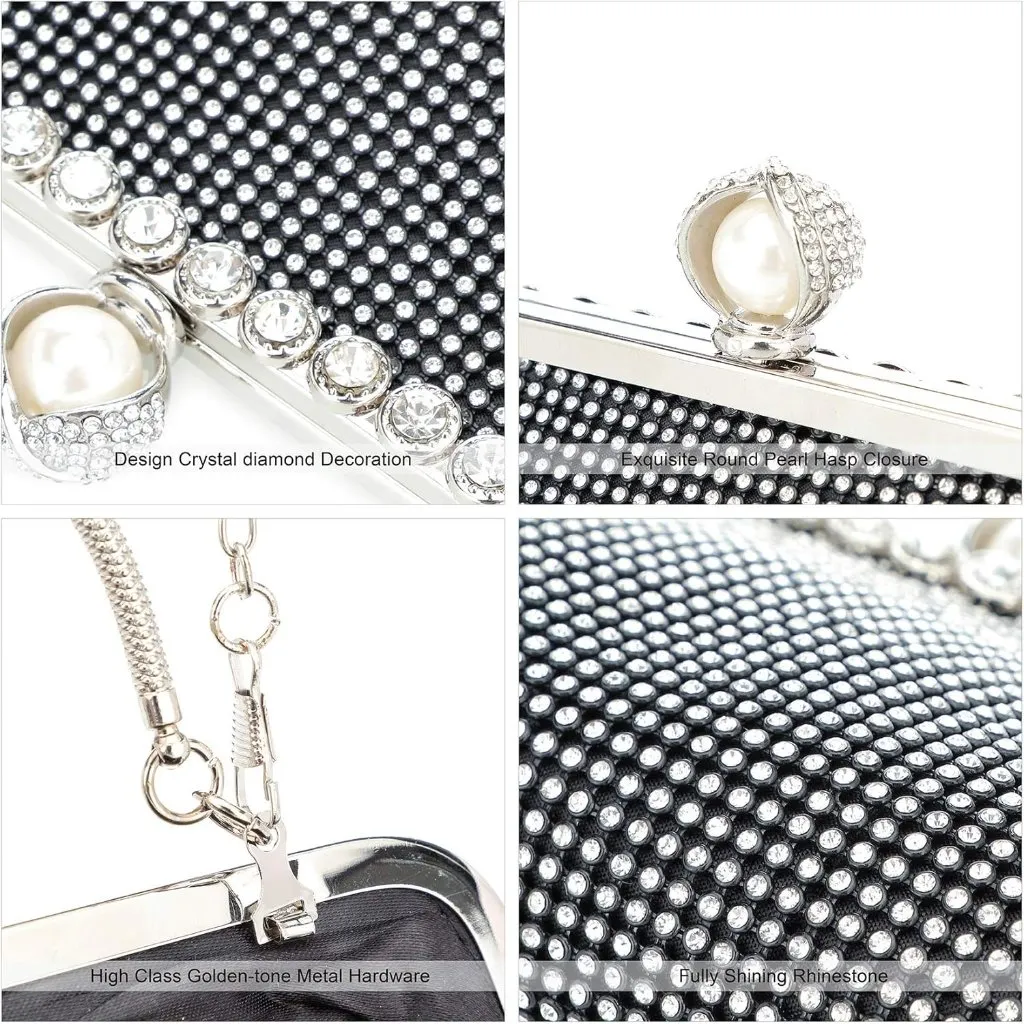⚡ Women's Rhinestones Envelope Style Chain Strap Black White Clutch Handbag - Image 5