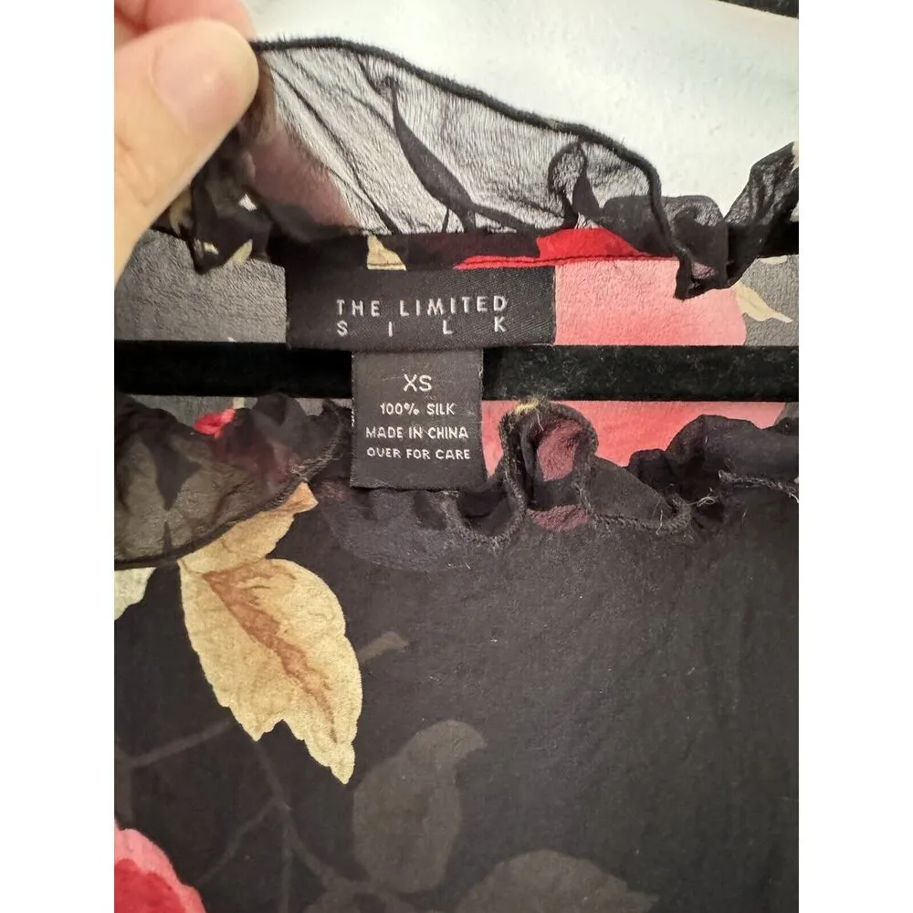 The Limited Rose Floral Black Sheer Ruffle Sleeve Silk Long Sleeve Blouse Sz XS - Image 5