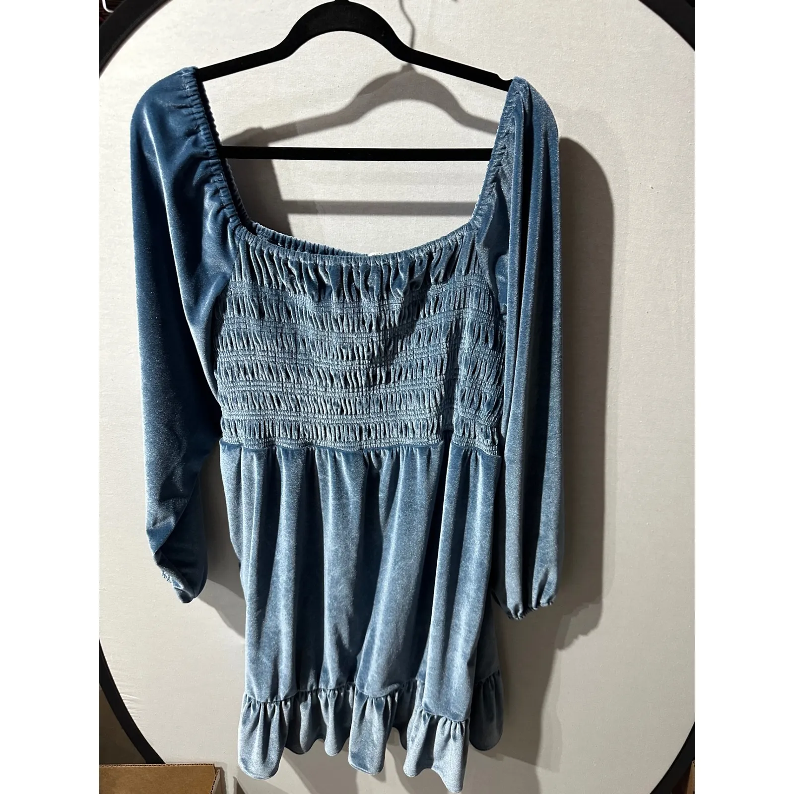 LC Lauren Conrad Velvet Mini Dress XXL Square Neck Long Sleeve Shirred Blue - Image 2