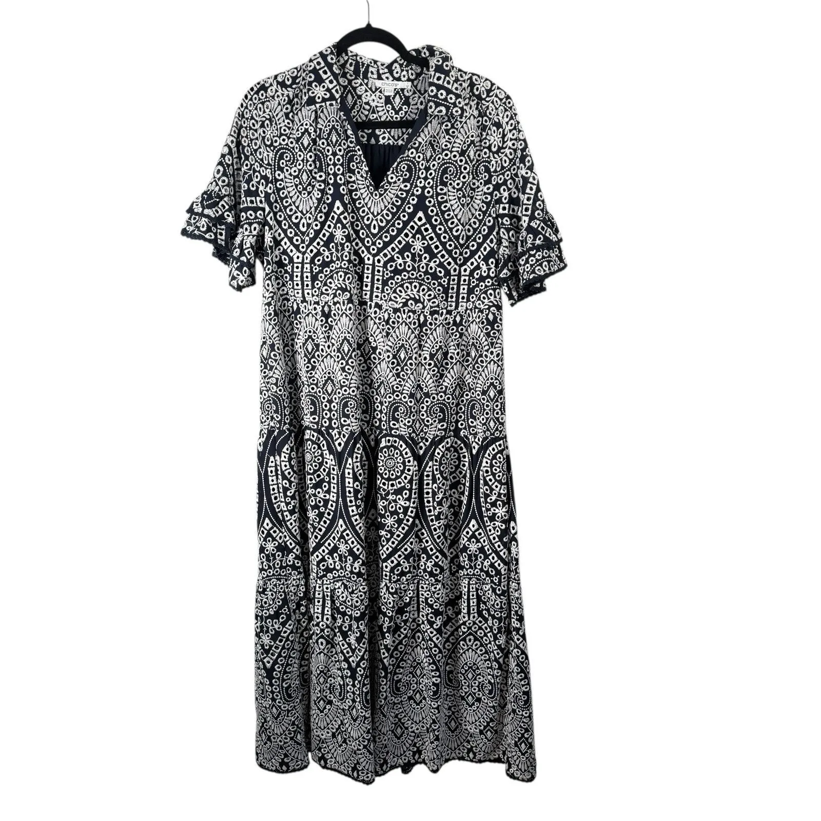 Chicos Eyelet Tiered Maxi Dress Navy Blue Embroidered Paisley Women 1 US 8 Med - Image 2
