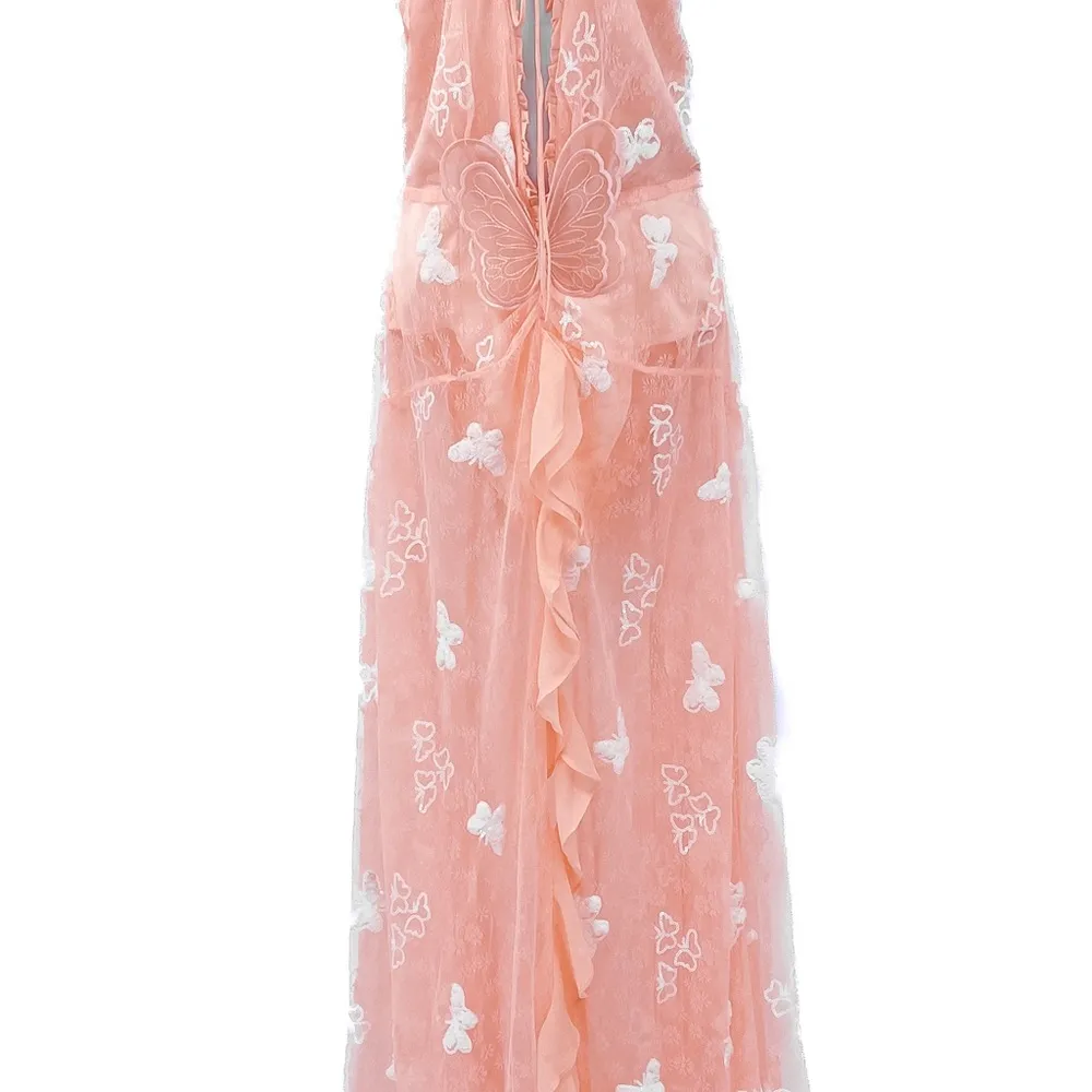 For Love & Lemons Beckett Lace Sheer Butterfly Sequin Bodysuit Maxi Dress Pink - Image 12