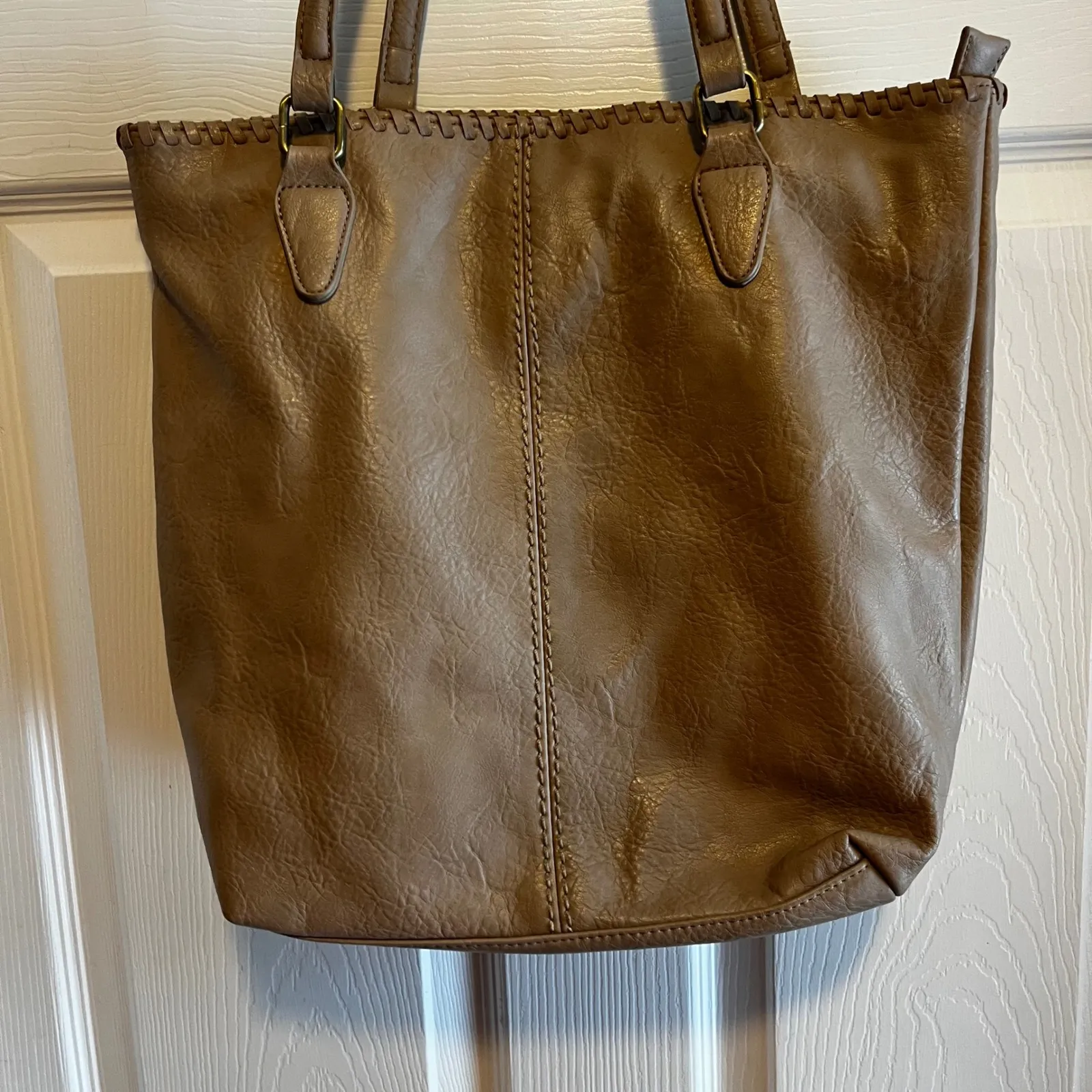 Antik Kraft Tan Faux Leather Tote Bag Whipstitch Detail Zipper Pocket - Image 12