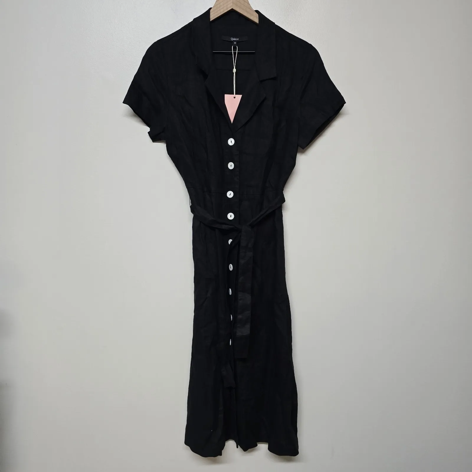 Quince Womens Shirt Dress Black Belted Notch Lapel Short Sleeve 100% Linen S New - Image 5