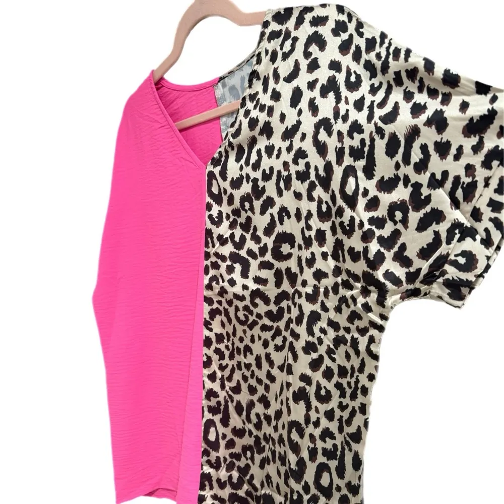 Contrast Pink & Leopard Colorblock V Neck Boutique Top Short Sleeve Shirt - Image 9