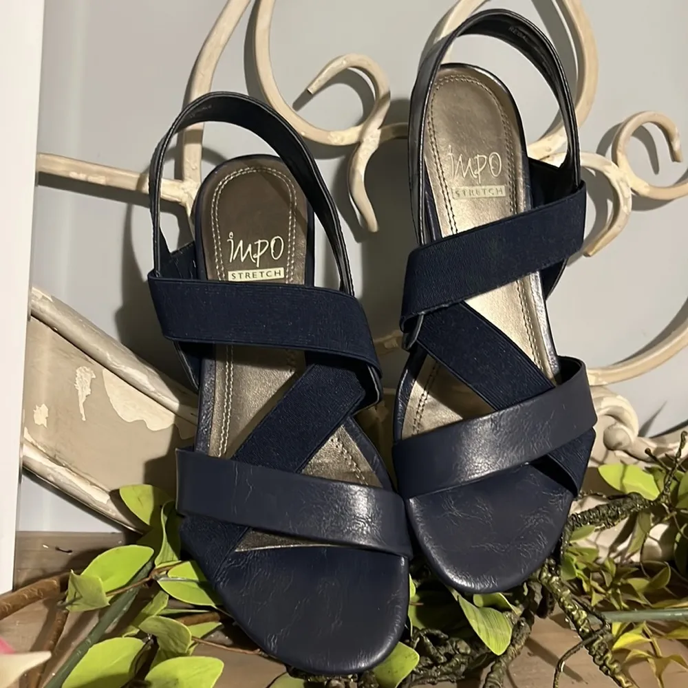 Impo Stretch Sandals Navy Blue Strappy Wedge Low Heel Womens 6 Regal - Image 5