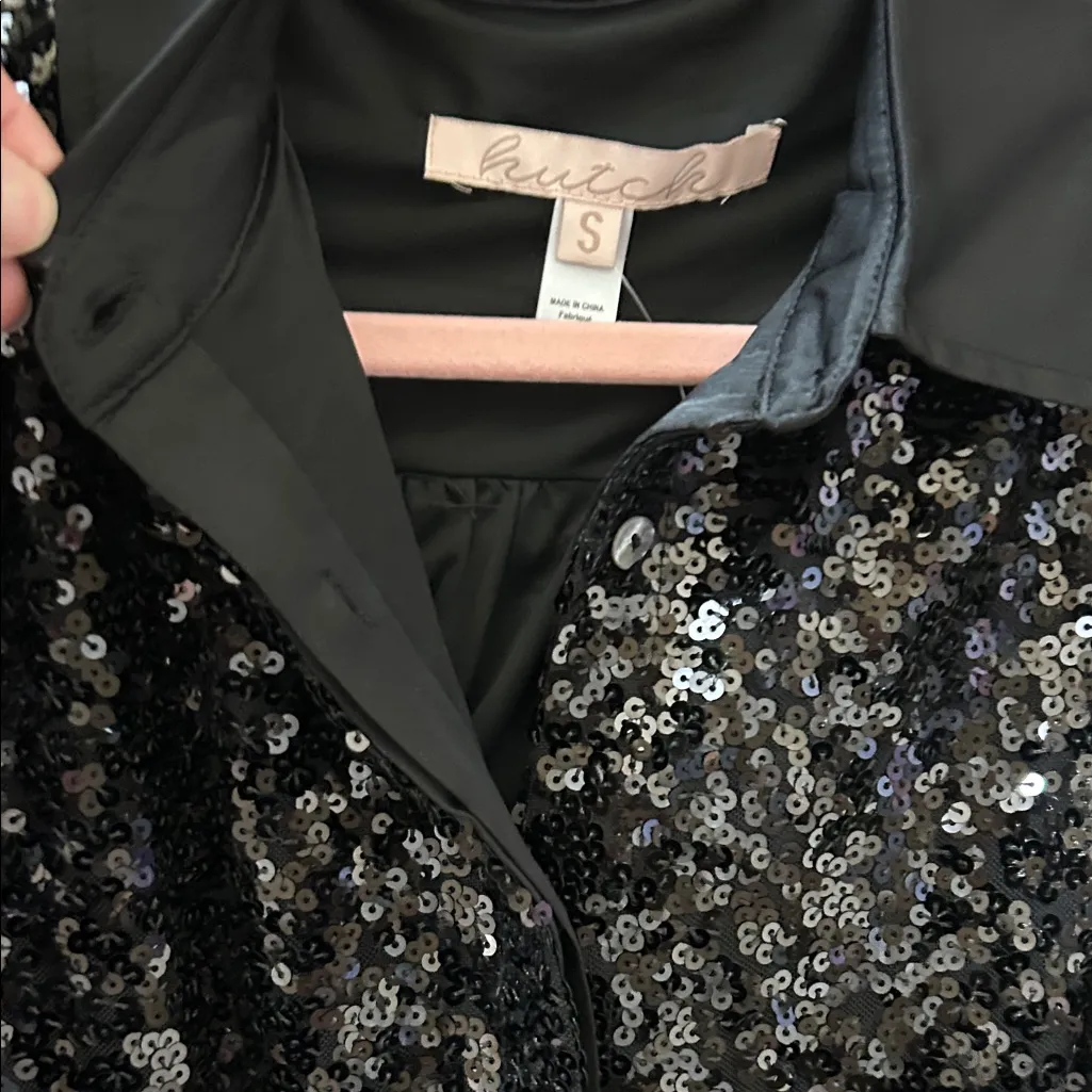 Hutch Black Sequin Satin Collar Tie Waist Mini Shirt Dress Size Small NWT - Image 7