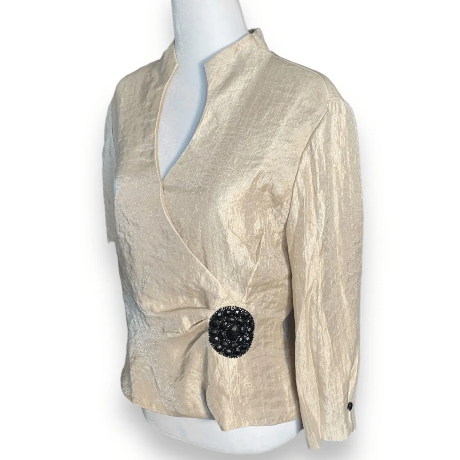 Vintage Dressbarn Champagne Wrap Blouse Black Beaded Brooch Detail 10 Evening - Image 5