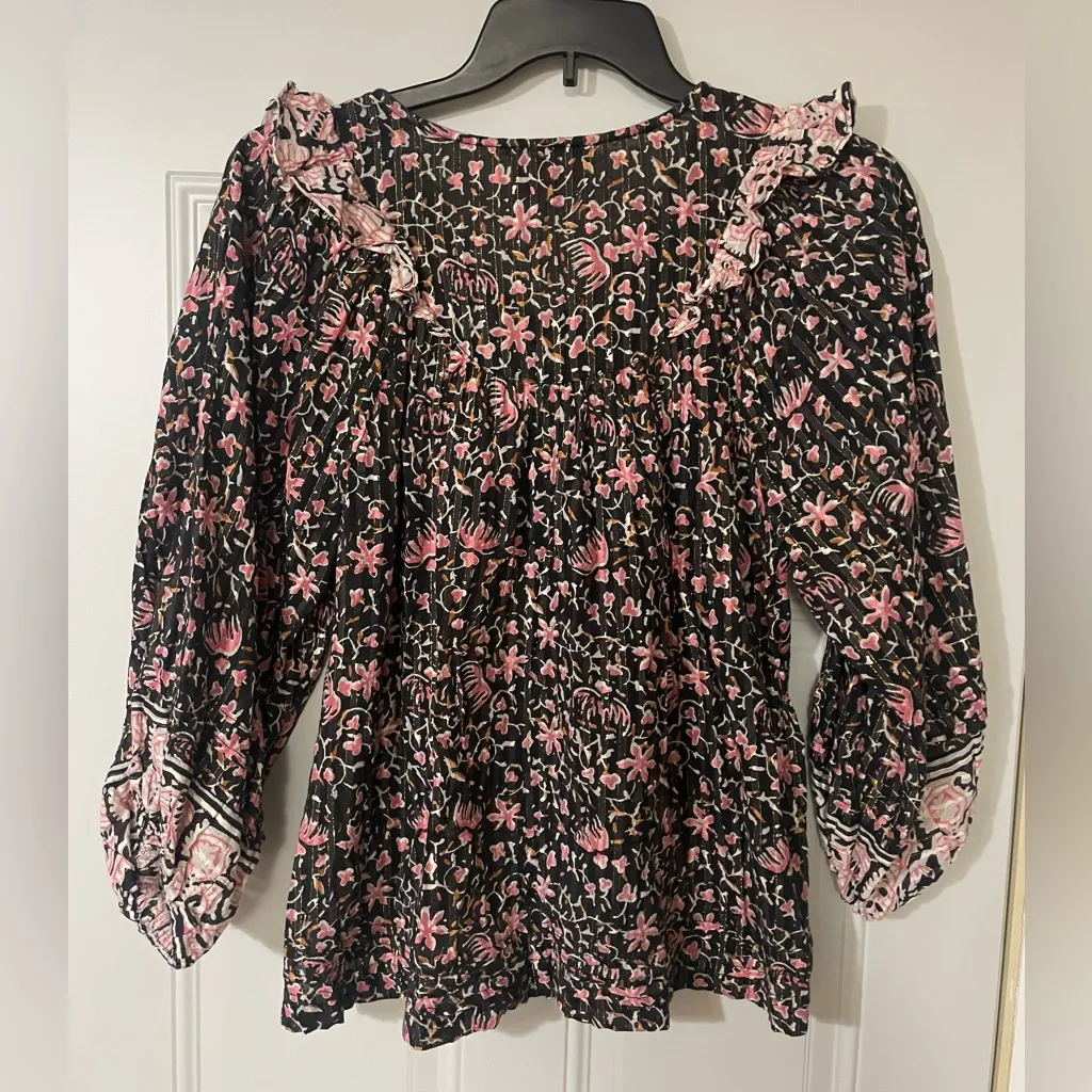Cleobella Brynlee Black Pink Floral Top Blouse L Organic Cotton Split Frill Boho - Image 7