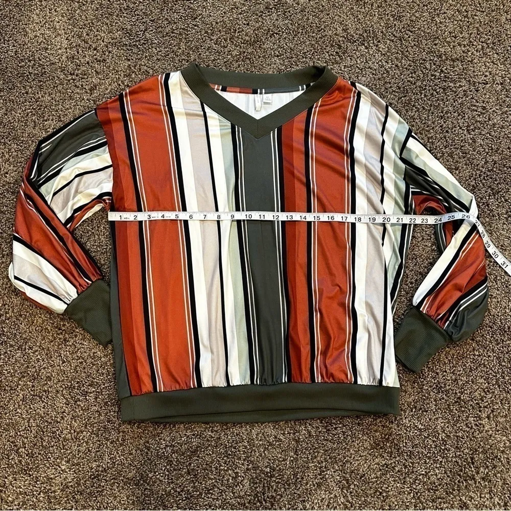 Rust Striped V-neck Polyester Top - Image 5
