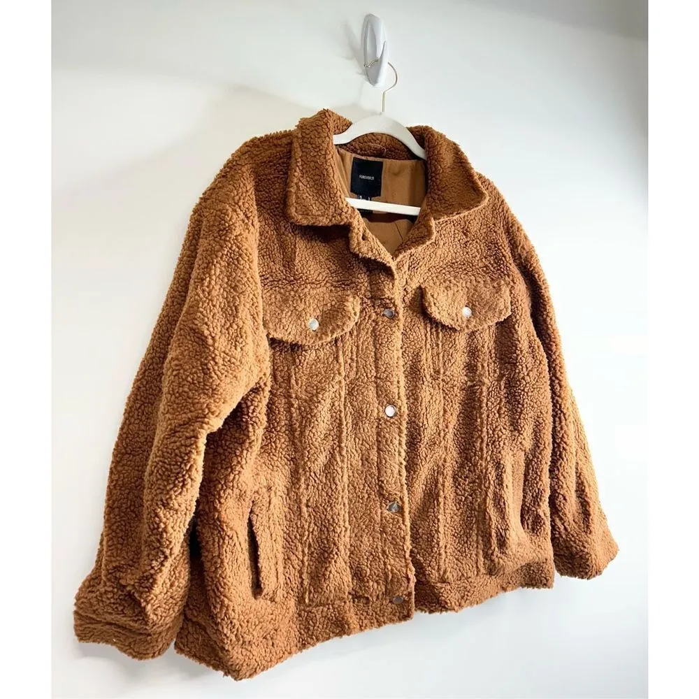 Forever21 Teddy Jacket Womens Size‎ Large Brown Buttoned Front Pockets - Image 2