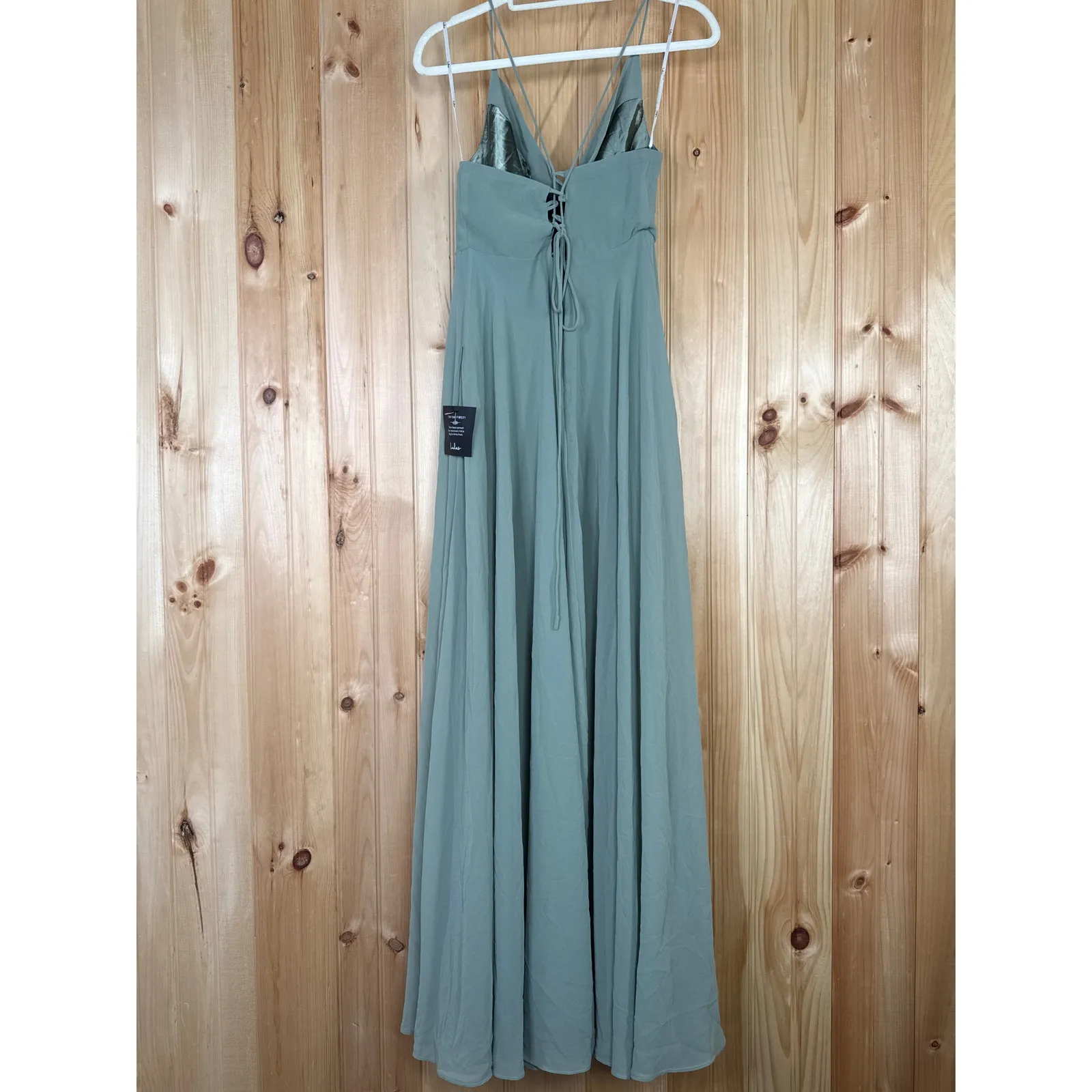 NWT Lulus Romantically Speaking Sage Green Cowl Lace-Up Maxi Dress Bridesmaid S - Image 5