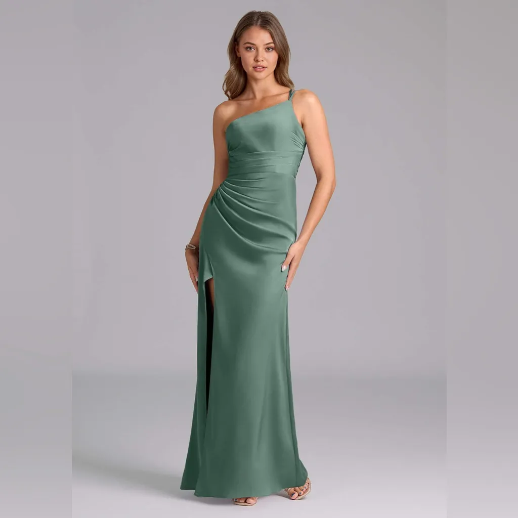 Azazie Eren Eucalyptus Sheath One Shoulder Stretch Satin Bridesmaid Dress - Image 3