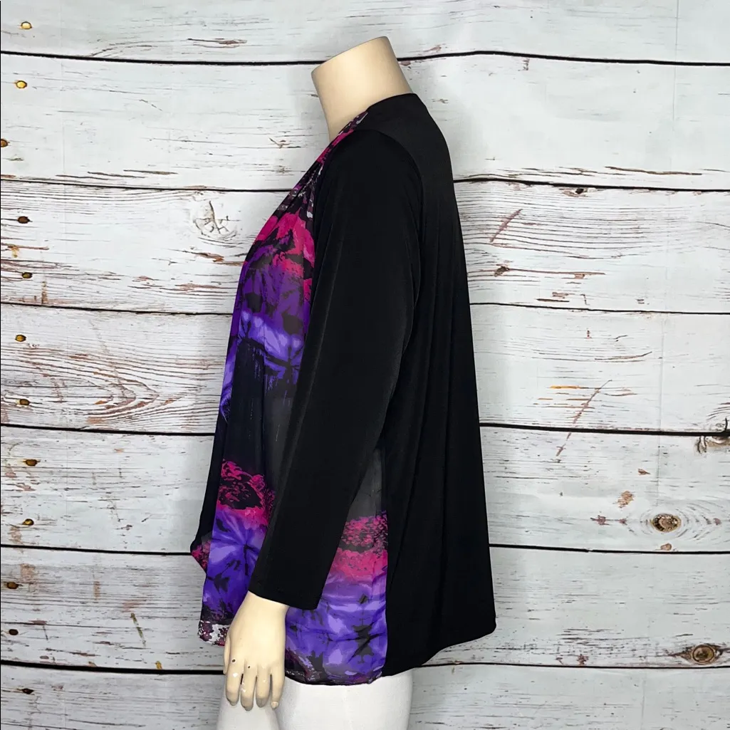 Susan Graver Size 1X Black - Chiffon Printed Open Front Cardigan Jacket - Image 3