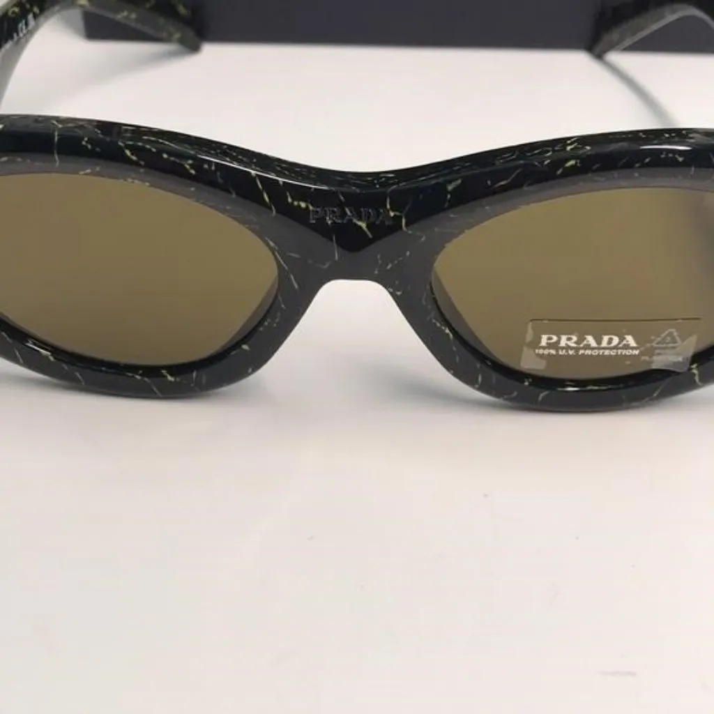 New Authentic Prada SPR 20Z Acetate Oval Symbole Sunglass– Black &Green Marbles - Image 7