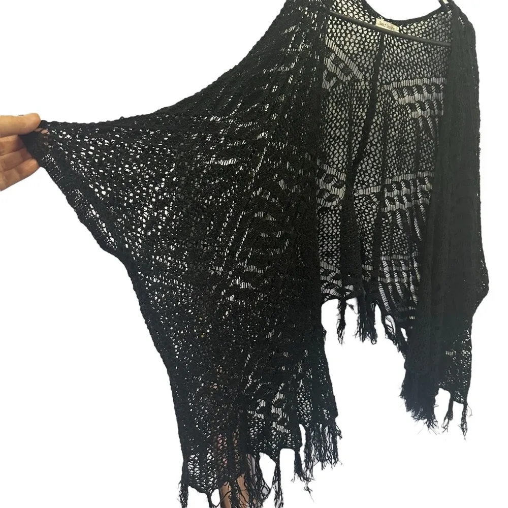 Bear Dance Black Shawl Look Open Front Fringed Cardigan Crochet Knit Coverups M - Image 6