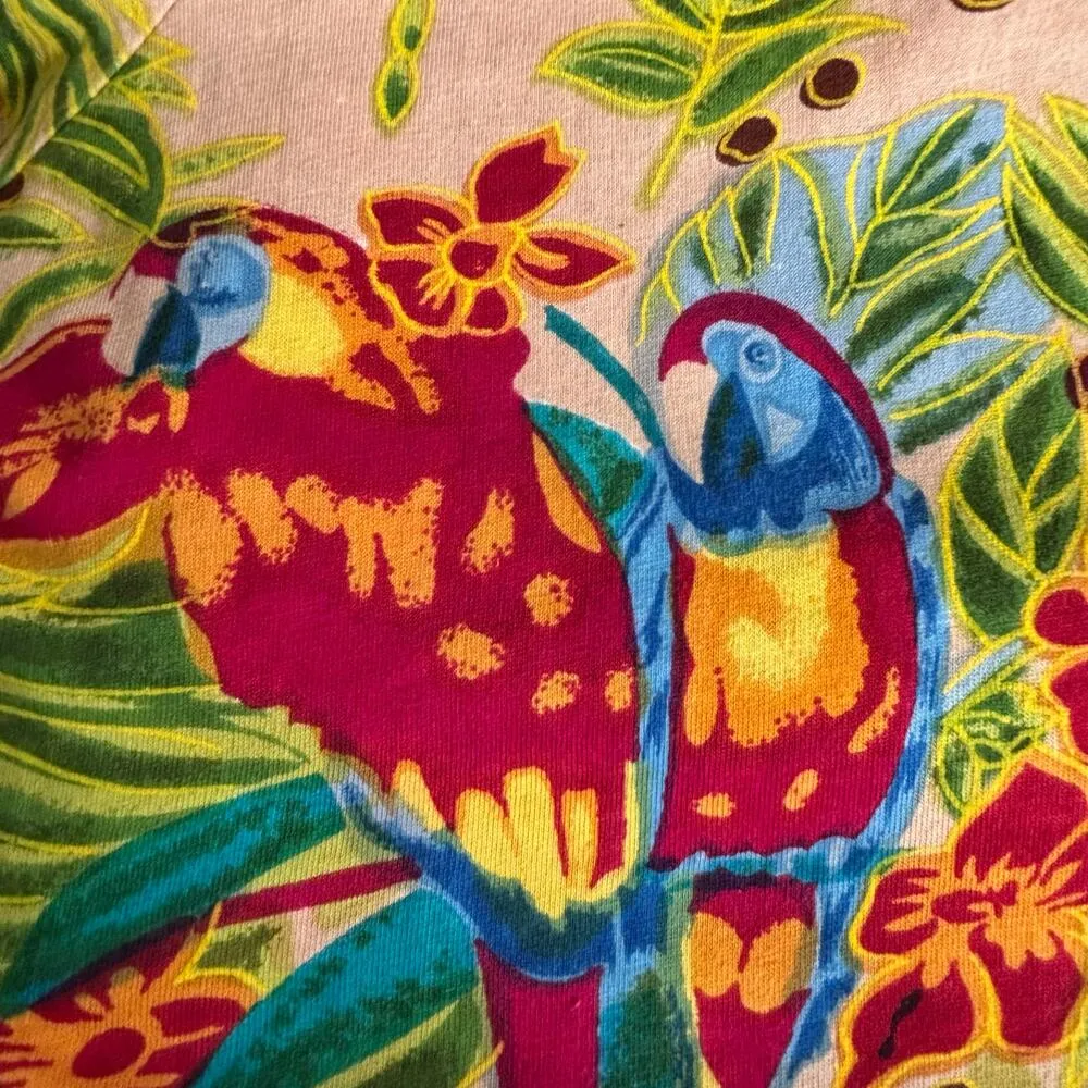 Vintage 90s Phases Tropical Parrot Floral Print Dress Beaded Detail Button Slit Green Size 2X - Image 7