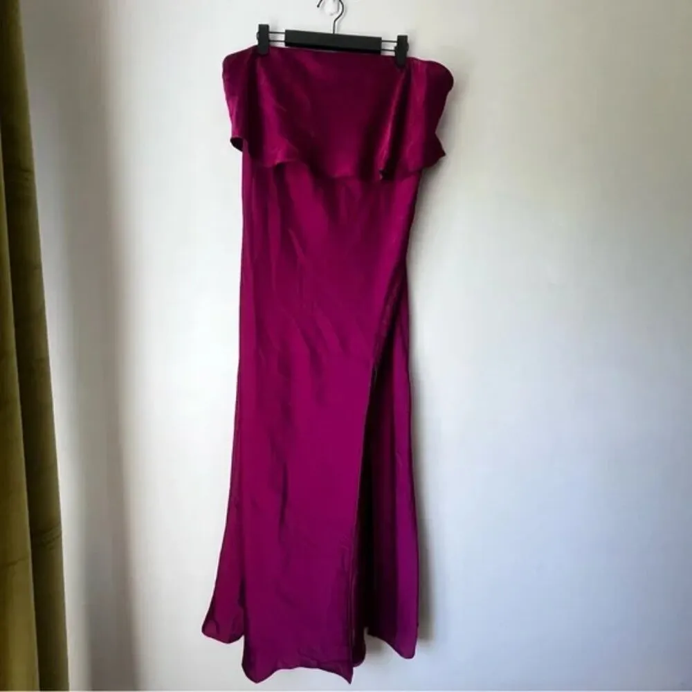 Petal & Pup Vienna Strapless Berry Satin Ruffle Side Slit Midi Dress XL - Image 12