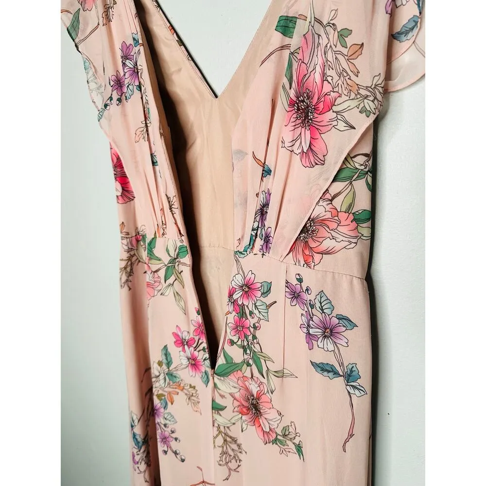 MONIQUE LHUILLIER Pink Floral Crepe Short Sleeve Floral Gwen Gown Size 6 - Image 12