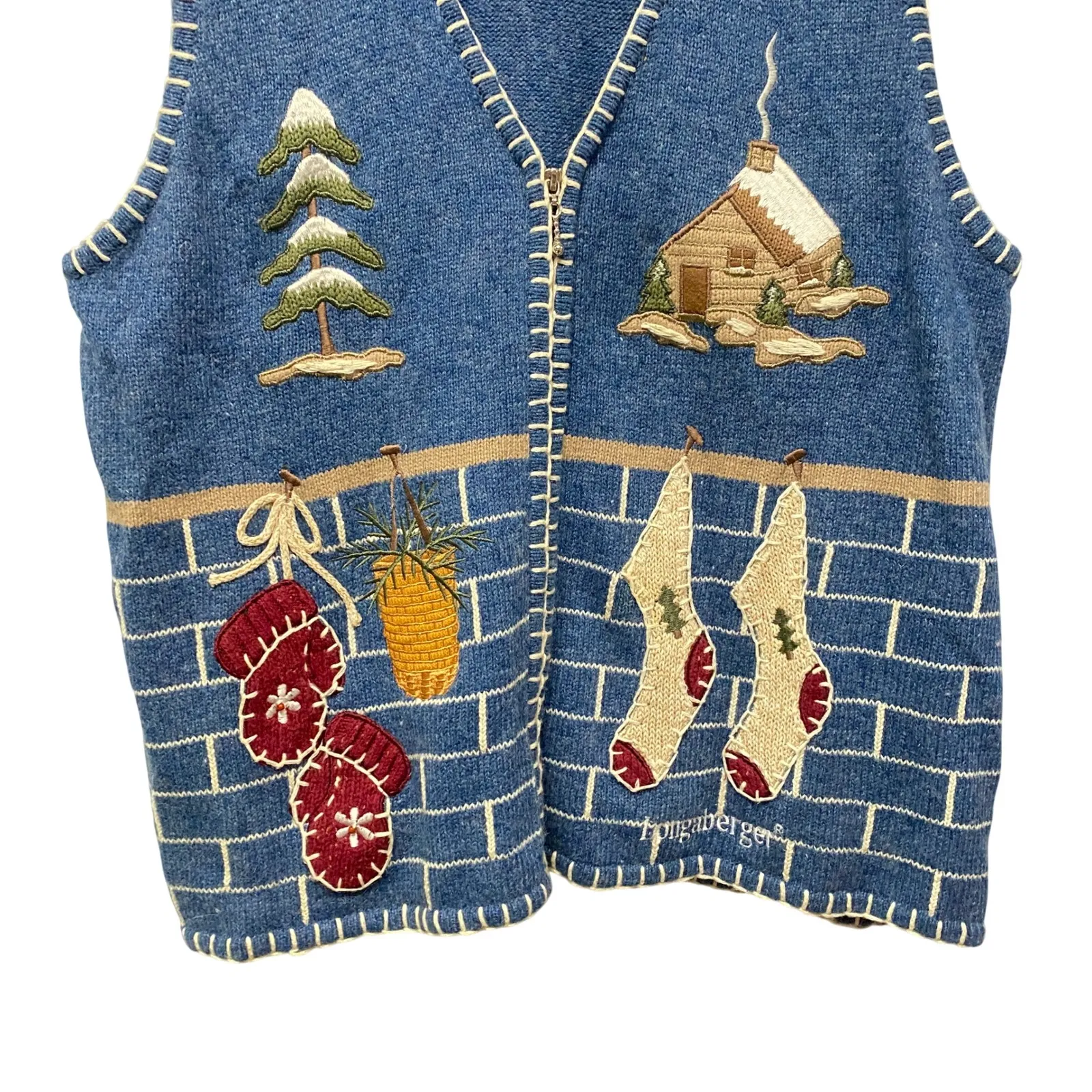 Longaberger Homestead Vintage 90s Holiday Knit Vest 1X Blue Winter Cabin Scene - Image 2