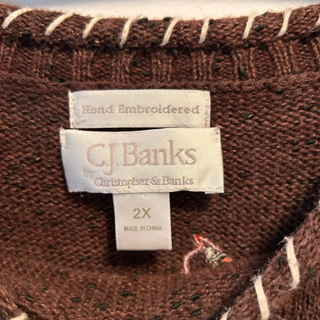 Christopher & Banks CJ Banks Pullover Fall Sweater Hand Embroidered Red Bird 2XL Brown Size XXL - Image 2