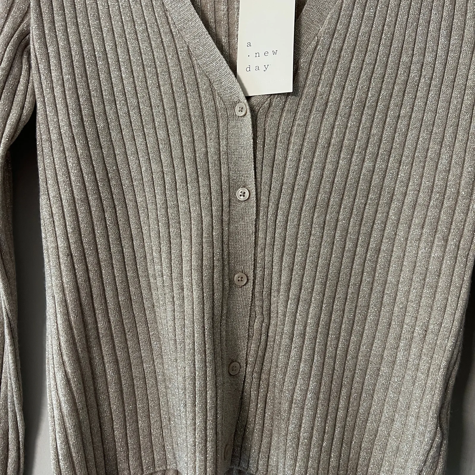 A New Day Women's Tan Fine Gauge Ribbed Metallic Cardigan - Size Small - NWT - Image 4
