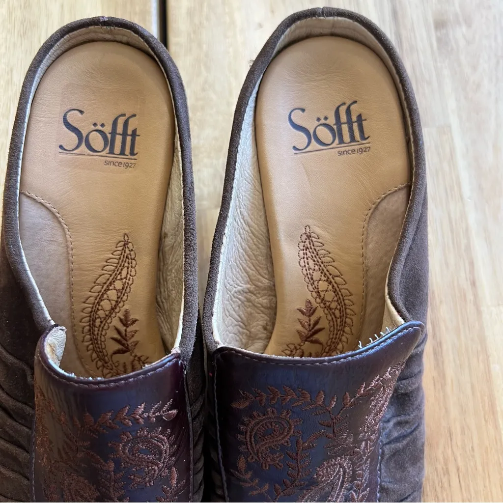 Söfft Brown Suede Leather Embroidered Heeled Mules Size 6.5M - Image 2