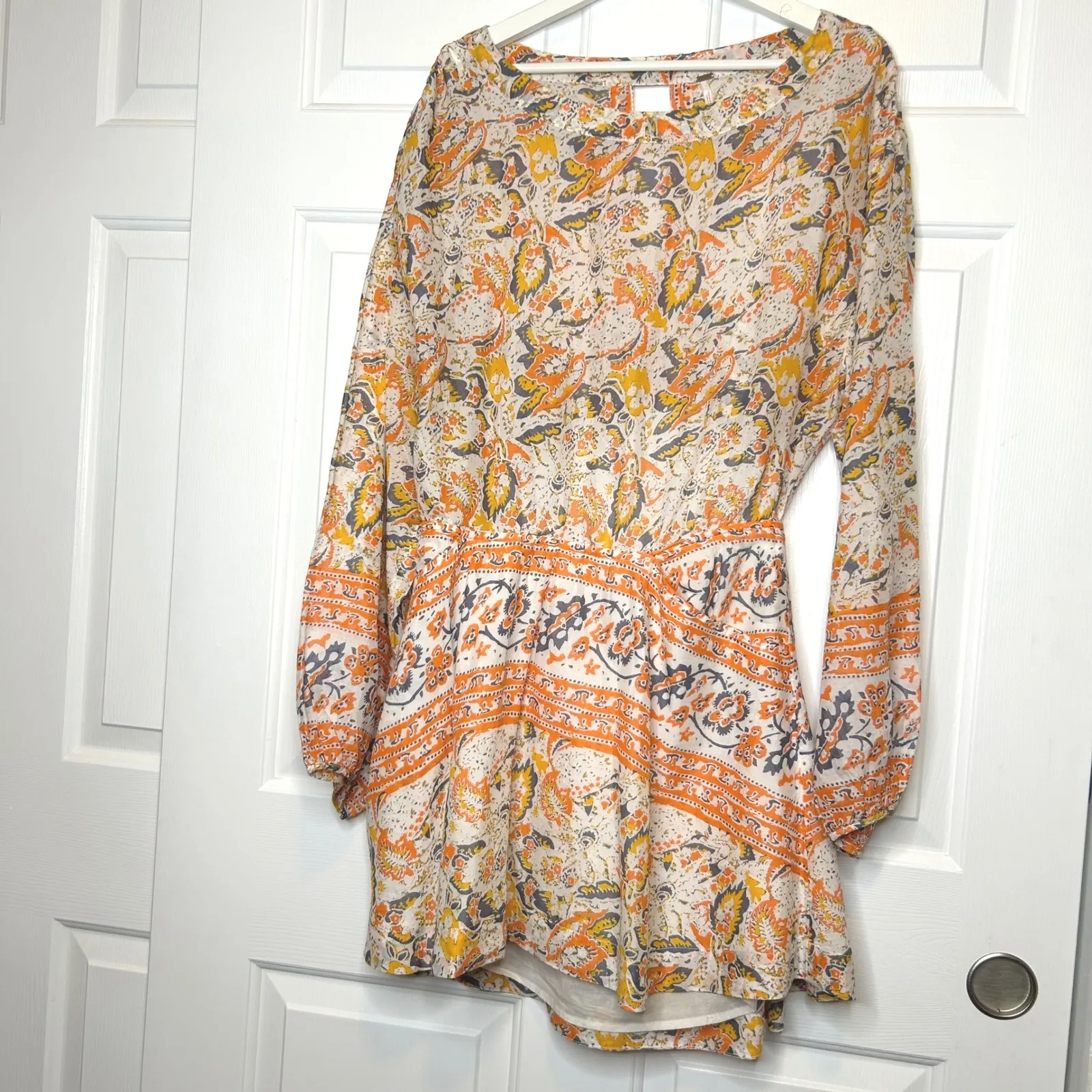 Free People Sun Print Paisley Cutout Mini Dress Orange Yellow Gray Size M - Image 3