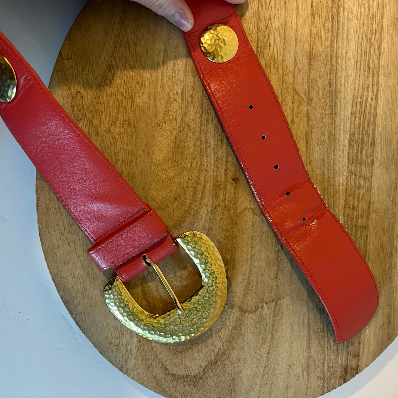 Carlisle Vintage Red Genuine Leather Gold Studded Chunky Buckle Belt Size XS/S - Image 8