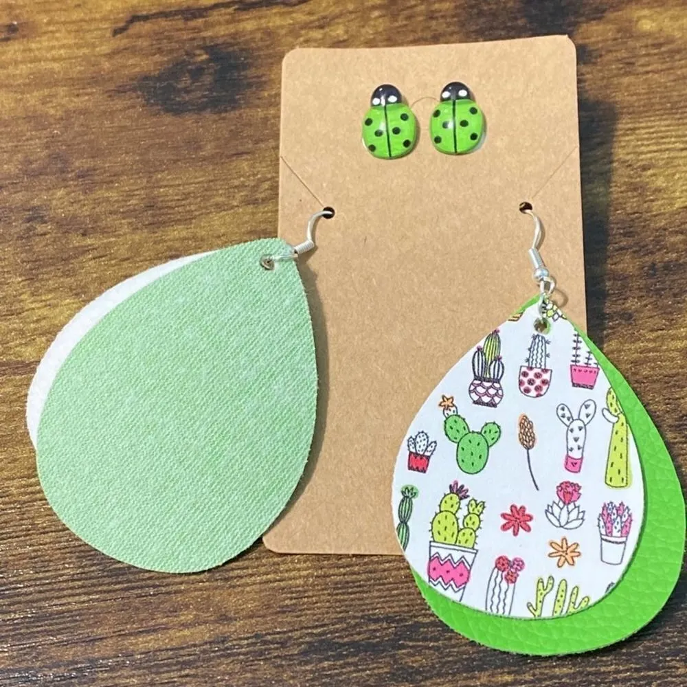 None Lady Bug Studs Succulent Plant‎ Earrings Set Green - Image 3