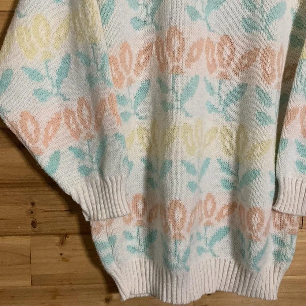 Vintage Justin Allen Size Medium Floral Print Pastel Sweater 80s 90s Green - Image 3