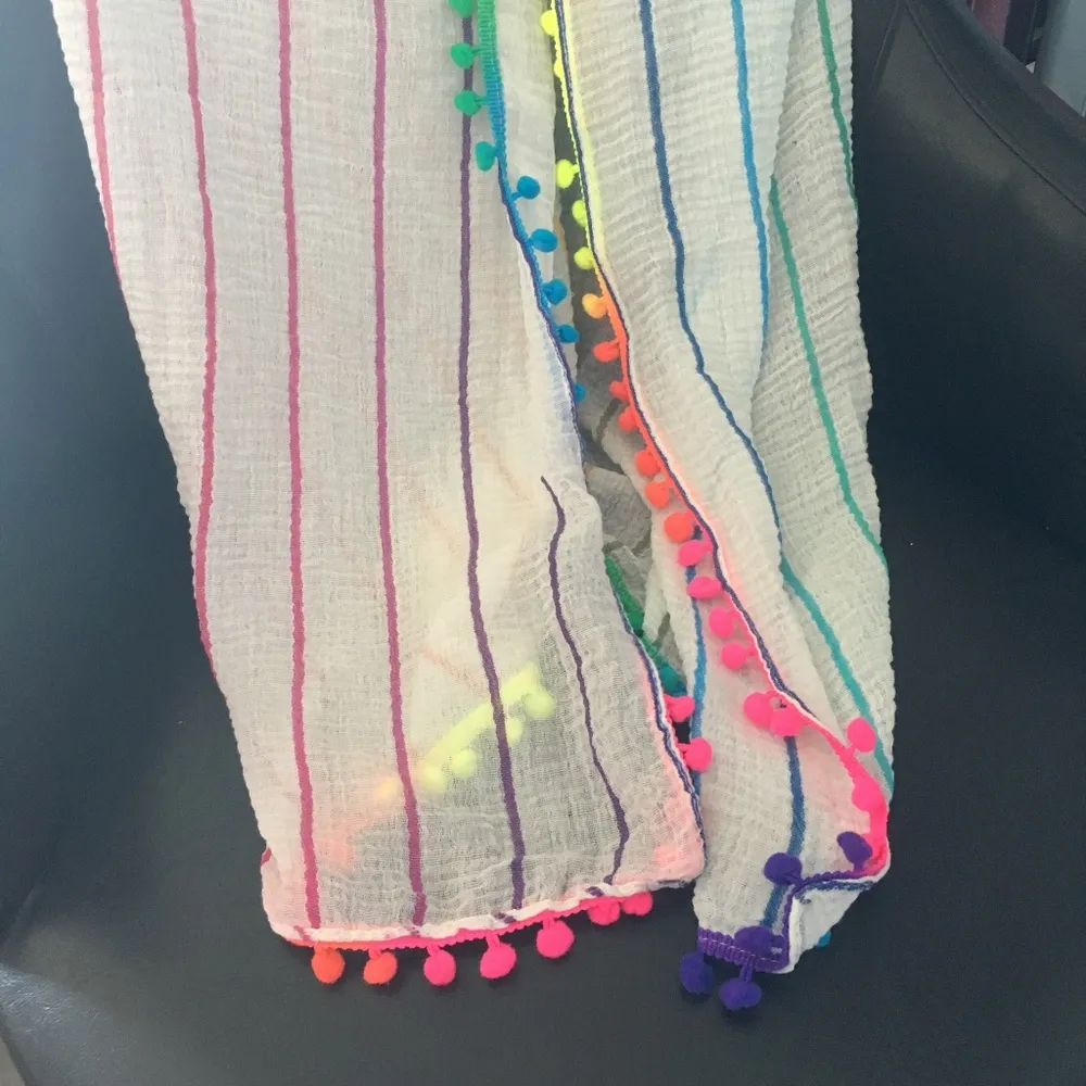 Fun Pique Scarf with colorful Stripes & Pom Poms - Image 2