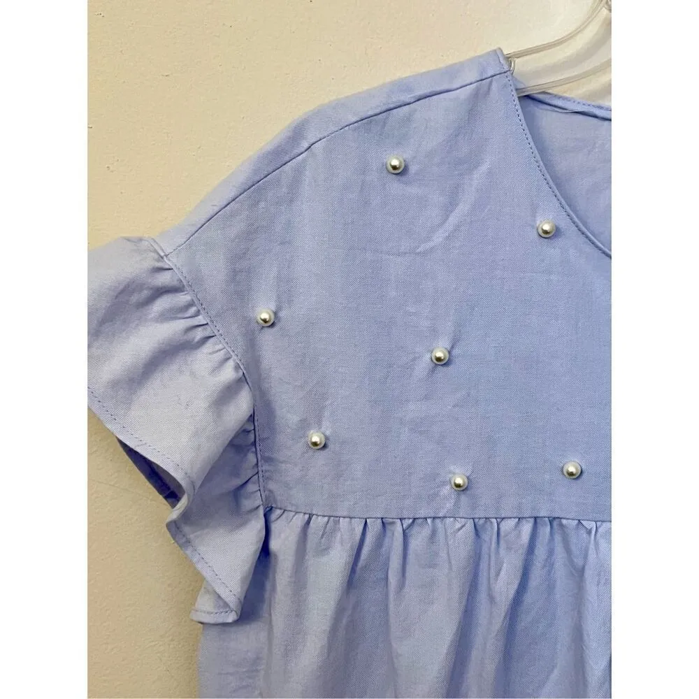 Philosophy Pale Blue Tiered Babydoll Dress Pearl Embellishment S - Image 2