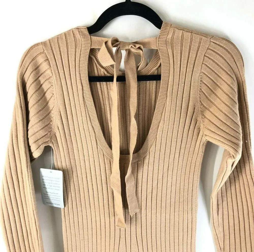 WAYF Midi Sweater Dress Ribbed Knit Slit Low Back Long Sleeve Beige Size XS - Image 4