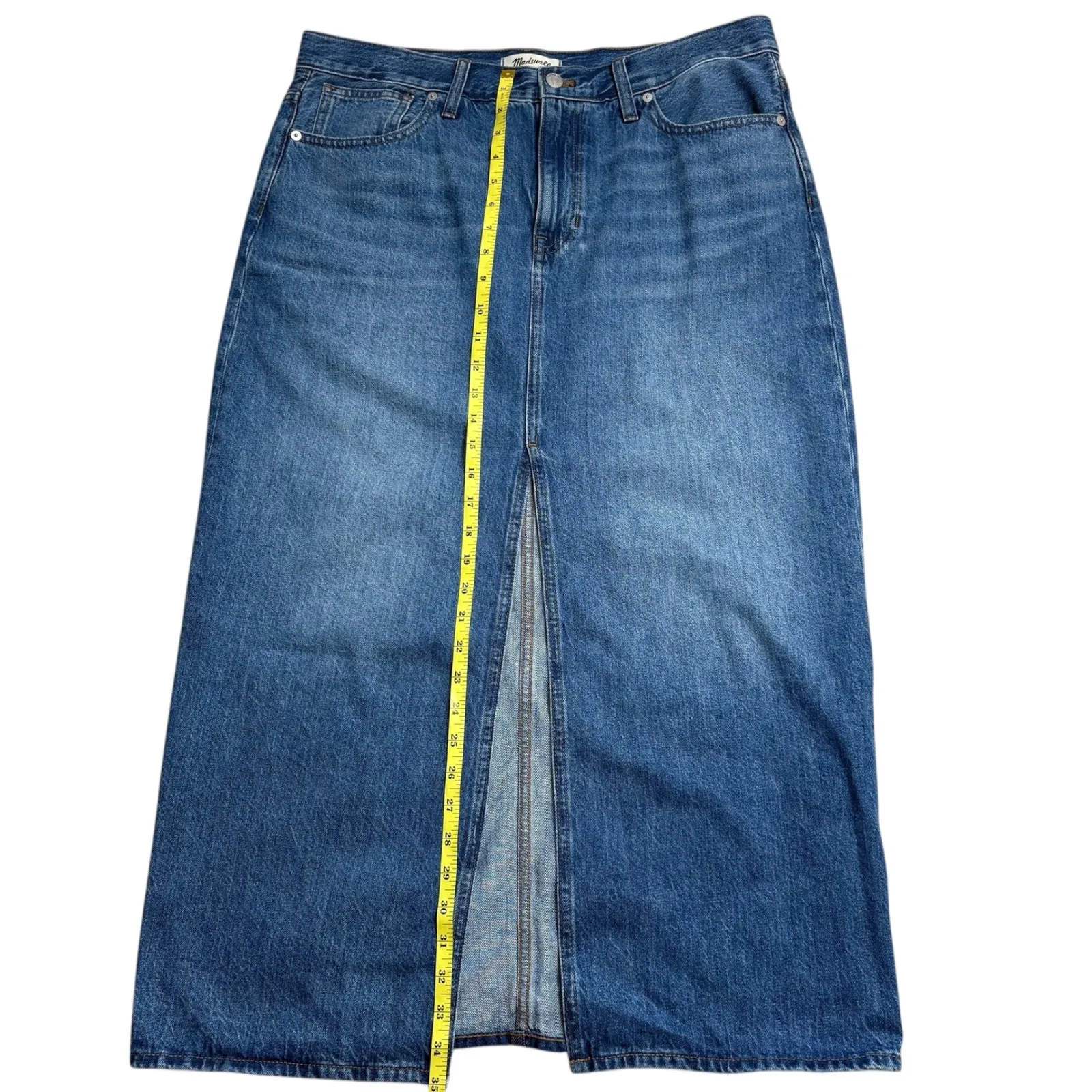 Madewell Denim Mid-Rise Maxi Skirt in Pratt Medium Wash Front Slit Size 30 - Image 9