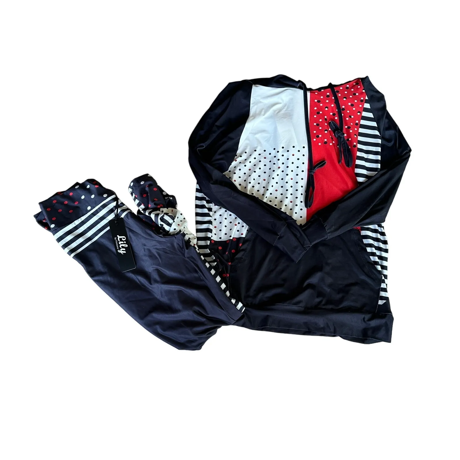 Stars and Stripes Jogger Set MEDIUM Lily Loungewear Hoodie Legging Red White NEW Black - Image 8