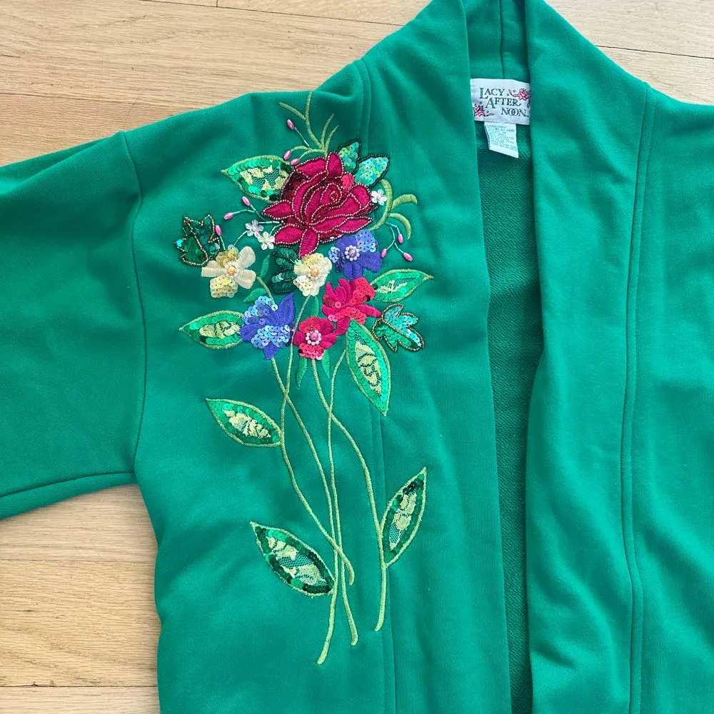 Vintage 1980s Lacy Afternoon Beaded‎ emerald Appliqué Duster small Green - Image 4