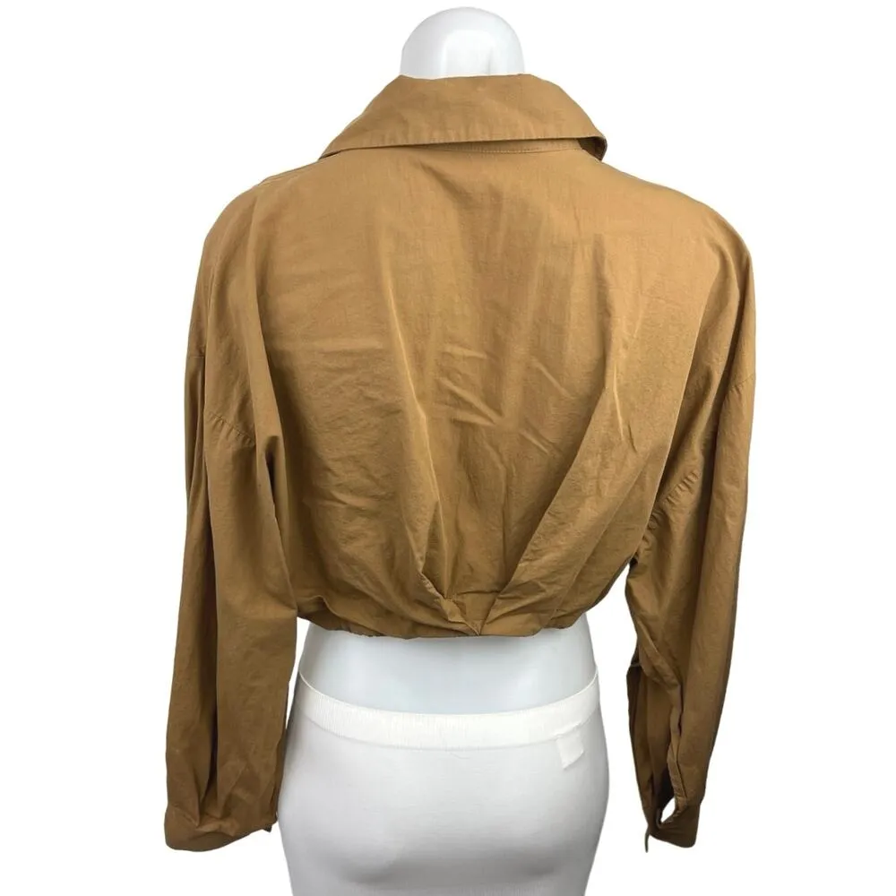 Zara Brown Collared Casual Long Sleeve Cropped Button Down Shirt Top Size M - Image 2