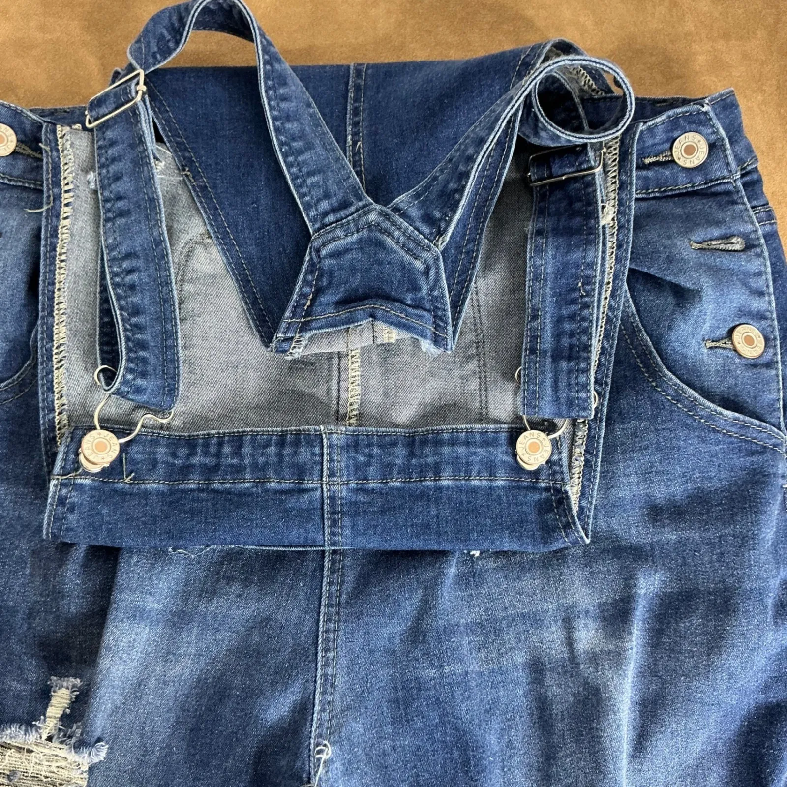 Women's Distressed Denim Overalls Size L Blue Jean Bib Pants Adjustable Straps Blue Size L - Image 6