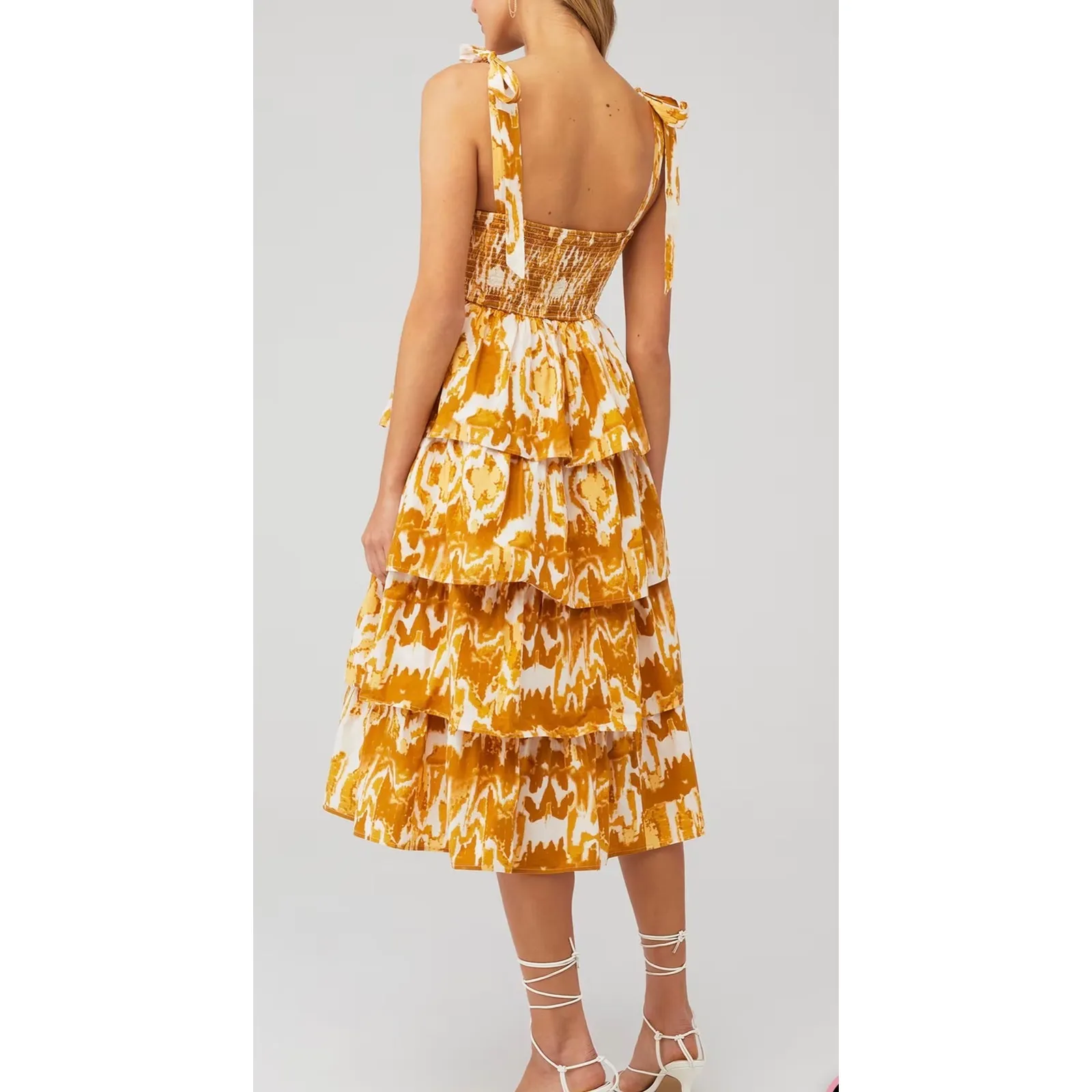 Cleobella Midi Dress Shae Ruffle Tiered 100% Cotton Yellow Print - Image 11