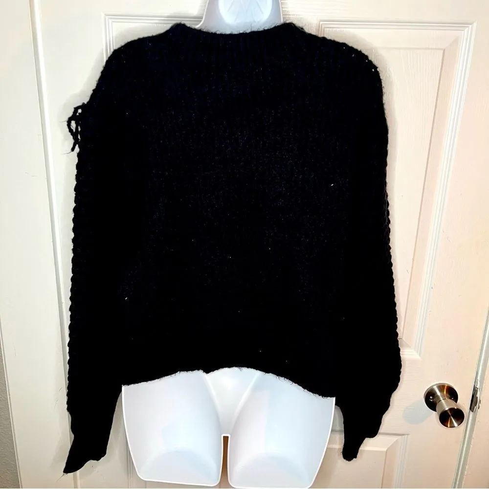 Treasure & Bond Mixed Stitch Balloon Sleeve  Fringe Sweater Black Crew S NWT - Image 8