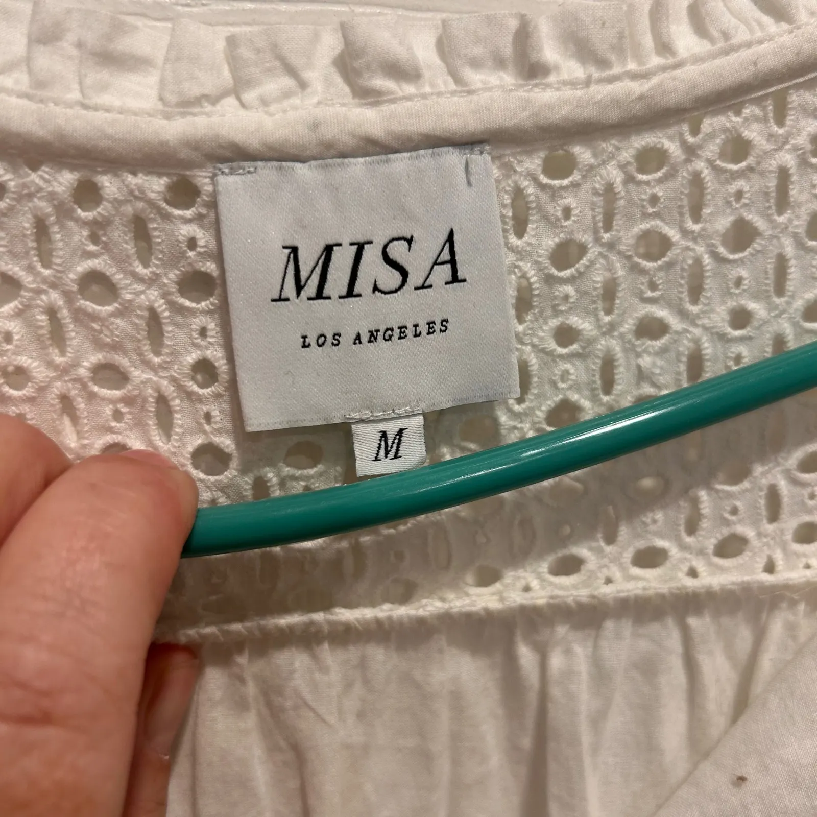 MISA Los Angeles Sarika White Eyelet Ruffle Mini Dress Smocked Waist Medium - Image 4