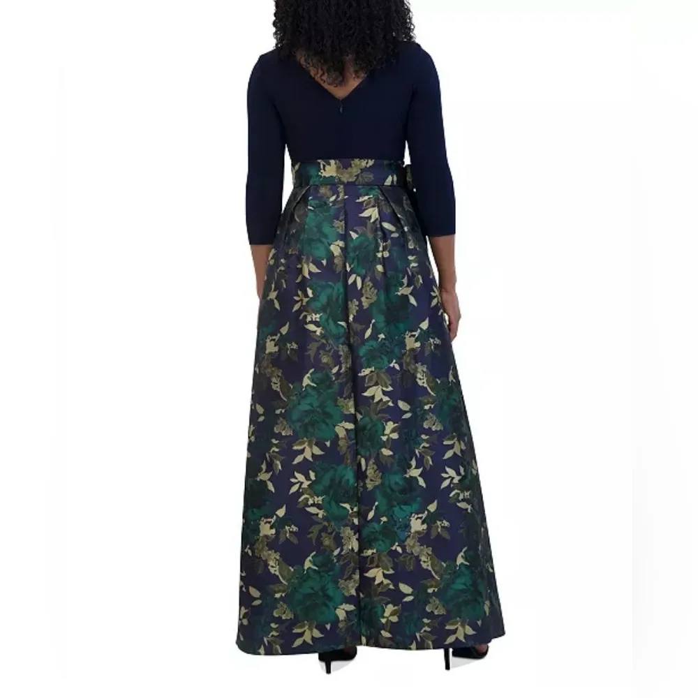 Blue Green And Metallic Gold Pleated Formal Evening Gown Maxi Dress - Image 3