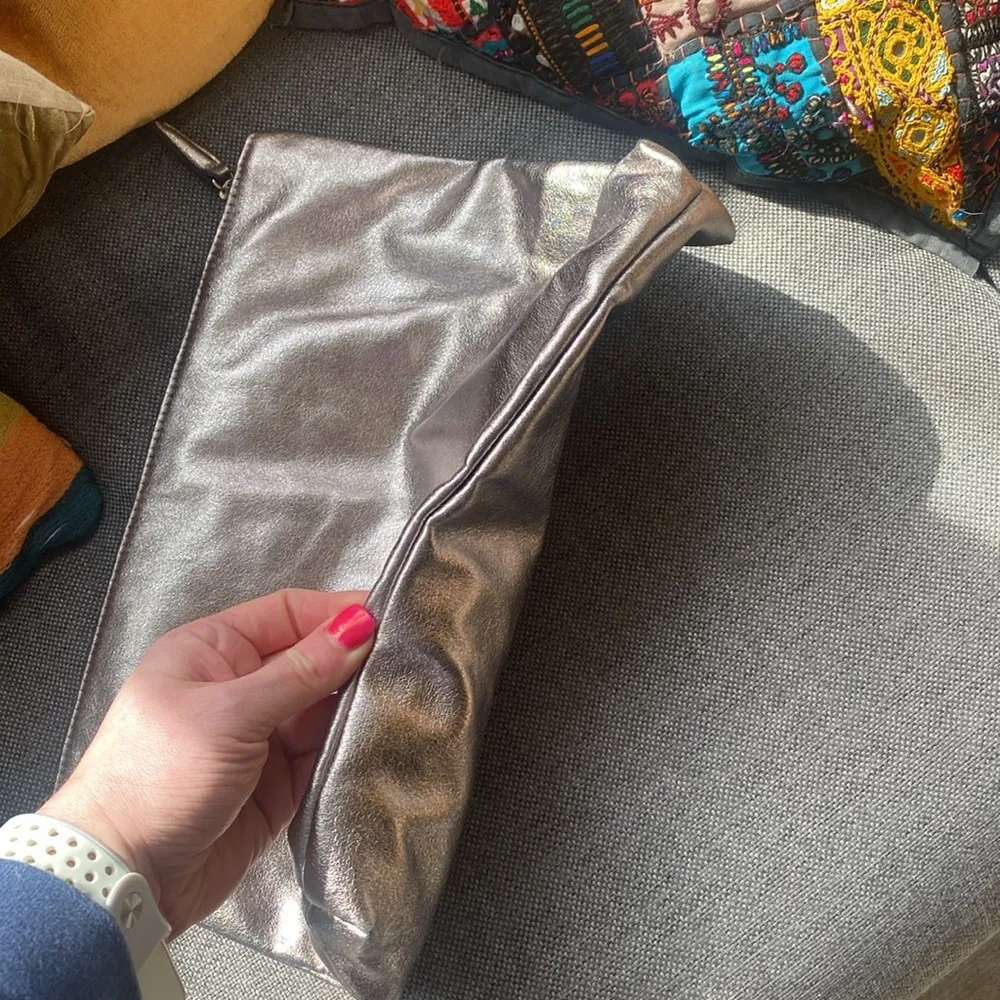 Free People Faux Leather Clutch Purse Metallic Silver Portfolio Pouch Tote Bag - Image 6