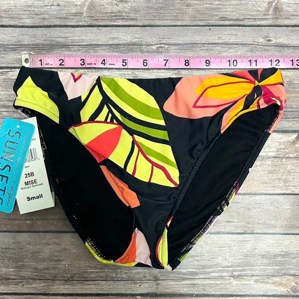 Sunsets Black Tropical Floral Midnight Serenade Bikini Bottom NWT Small Green - Image 5