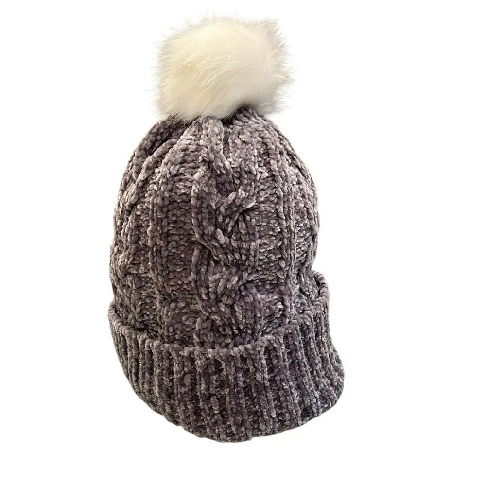 Soft Surroundings Grey Chenille Knit Beanie Faux Fur Lined Pom Pom Top - Image 2