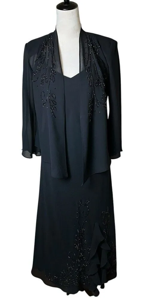 R&M Richards 2 Piece Black Beaded Evening Dress 6P | Ruffle Slit Lined Chiffon - Image 1